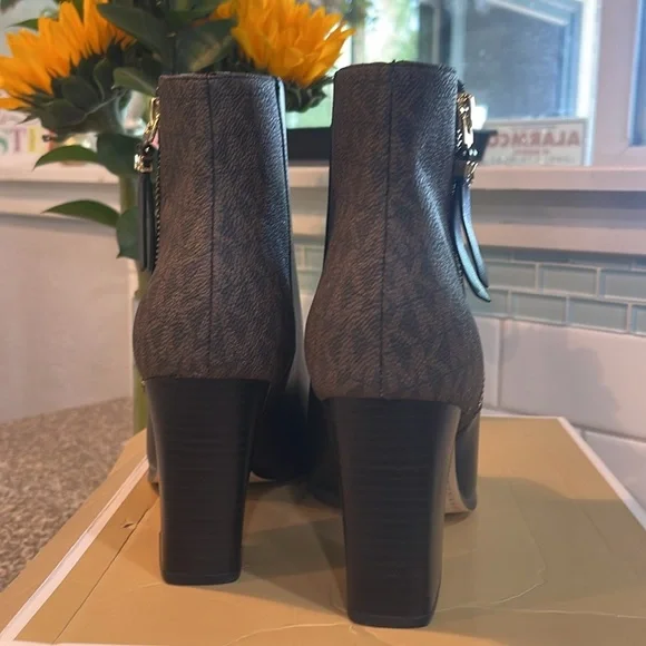 Michael Kors Black and Brown Signature Women's Britt Heeled Ankle Boots - Picture 2 of 7